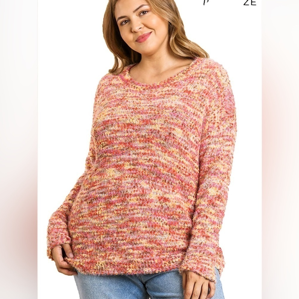 Umgee Orange Yellow Multicolor Boucle Long Sleeve Pullover Sweater L
